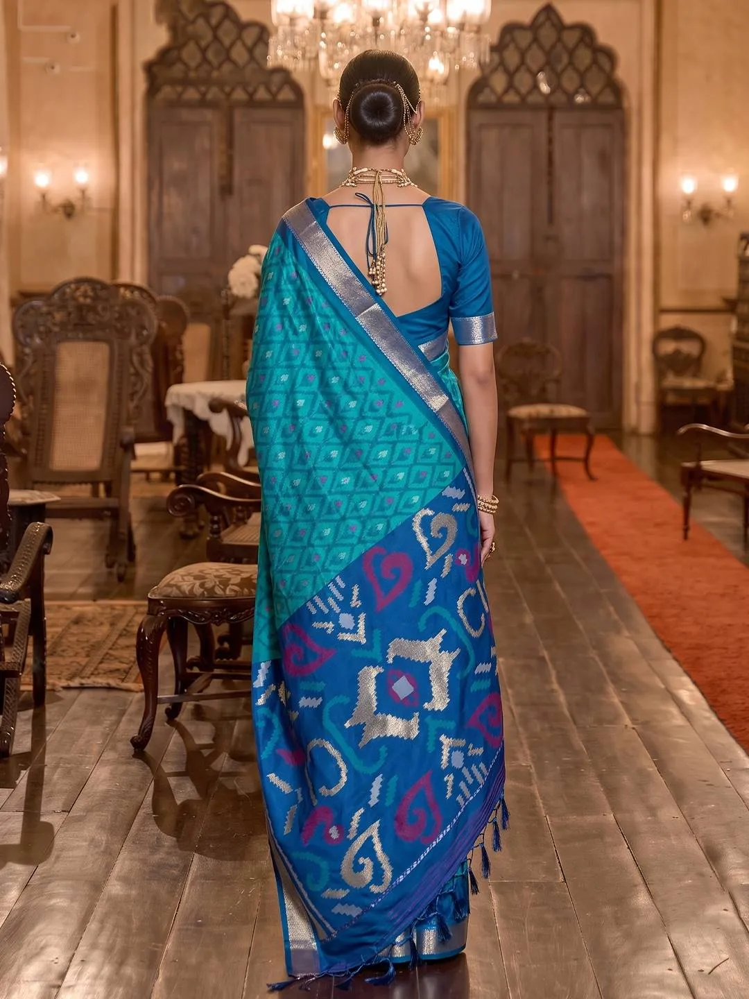 Blue Silk Blend Ikat Saree with Zari Border and Blouse Piece for Women