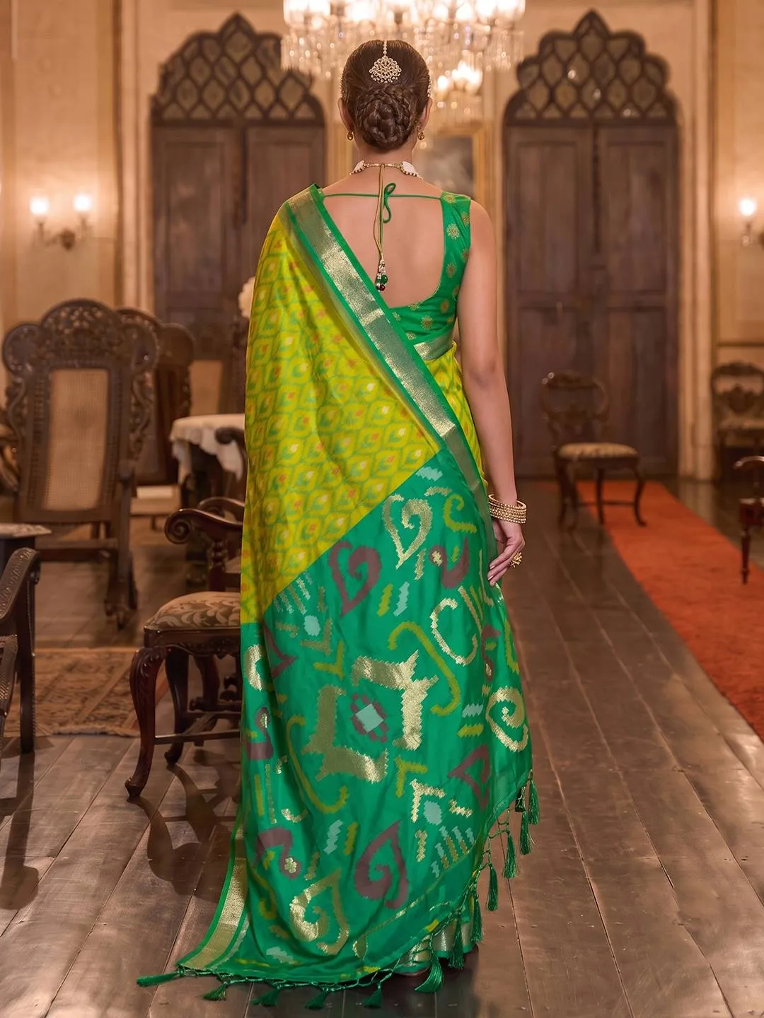 Lime Green and Emerald Silk Blend Patola Print Saree with Zari Border