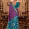 Purple Woven Ikat Soft Silk Saree with Teal and Gold Zari Border