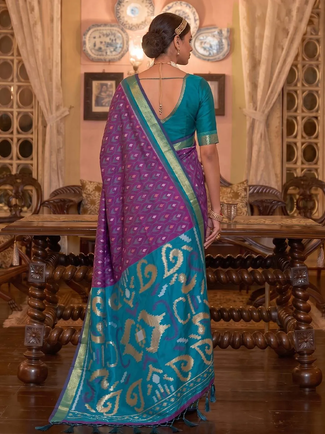Purple Woven Ikat Soft Silk Saree with Teal and Gold Zari Border