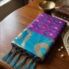 Purple Woven Ikat Soft Silk Saree with Teal and Gold Zari Border