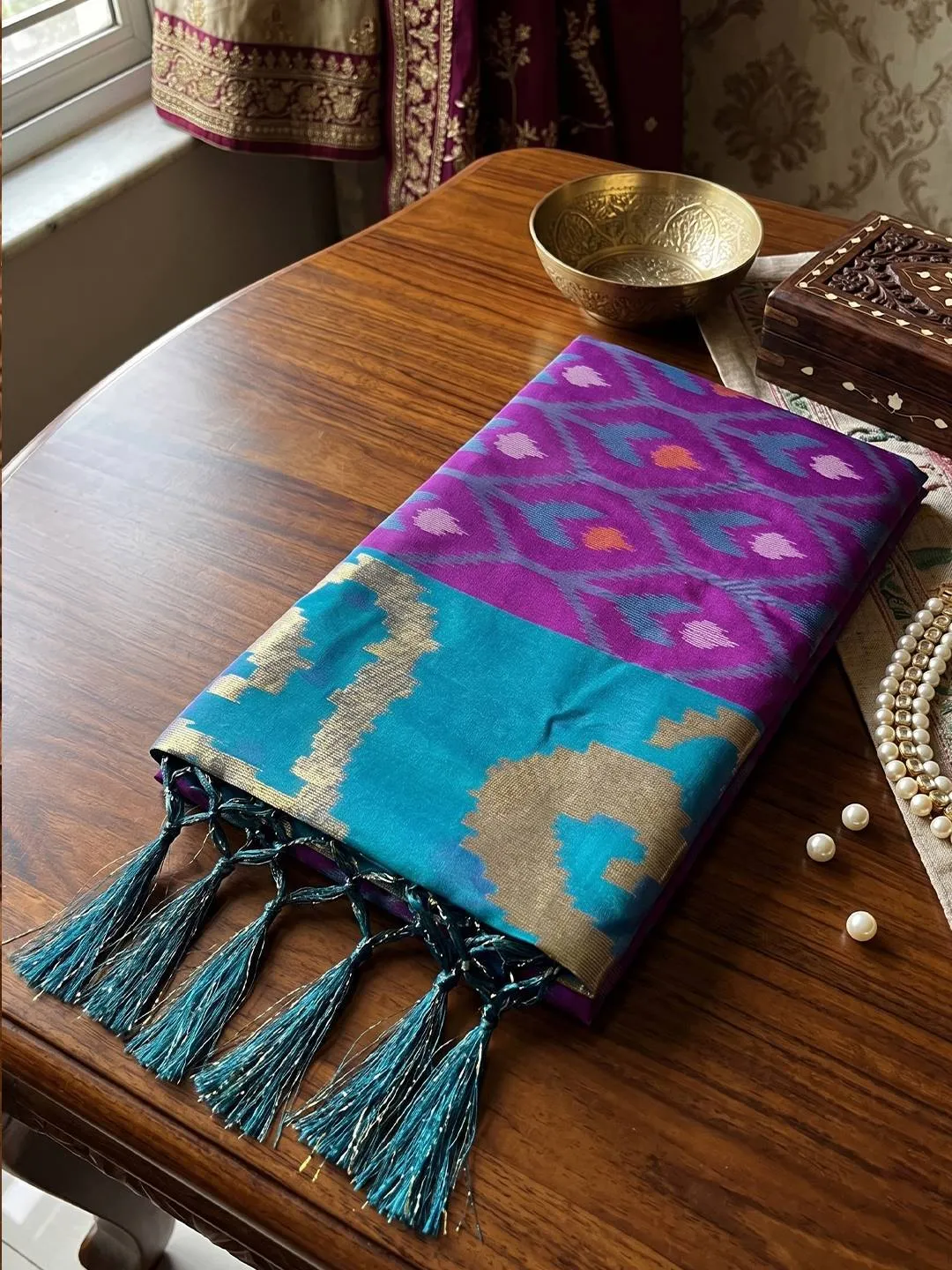 Purple Woven Ikat Soft Silk Saree with Teal and Gold Zari Border