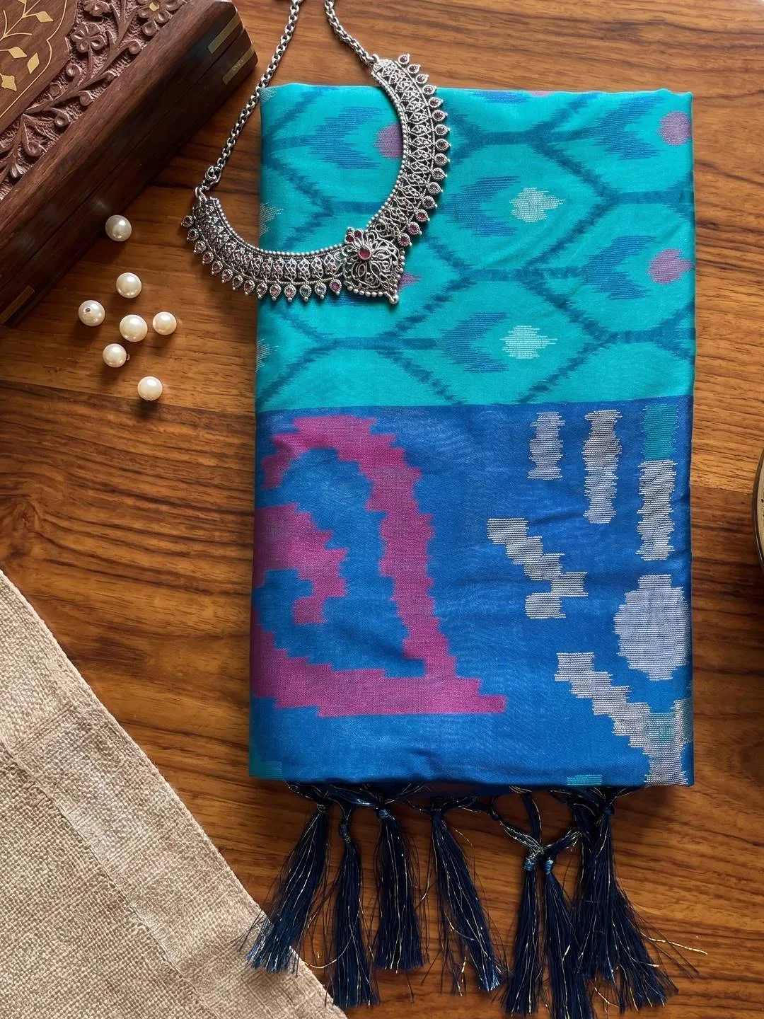 Blue Silk Blend Ikat Saree with Zari Border and Blouse Piece for Women