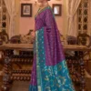 Purple Woven Ikat Soft Silk Saree with Teal and Gold Zari Border