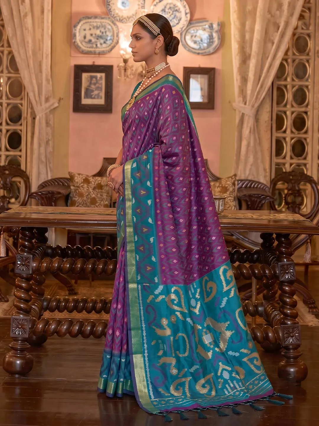 Purple Woven Ikat Soft Silk Saree with Teal and Gold Zari Border