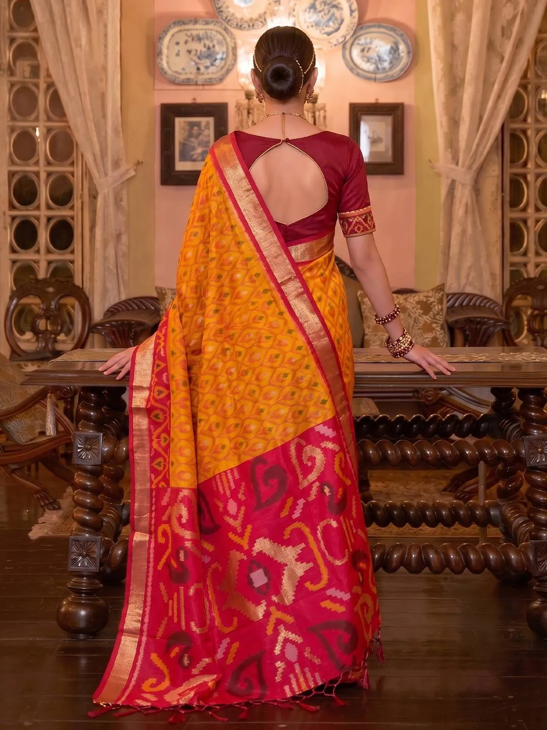 Astita Adishree Mustard Yellow Woven Soft Silk Saree with Red Heavy Pallu
