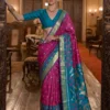 Adishree Soft Silk Saree with Zari Border & Contrast Pallu | Rani Pink & Teal Blue Designer Saree for Weddings