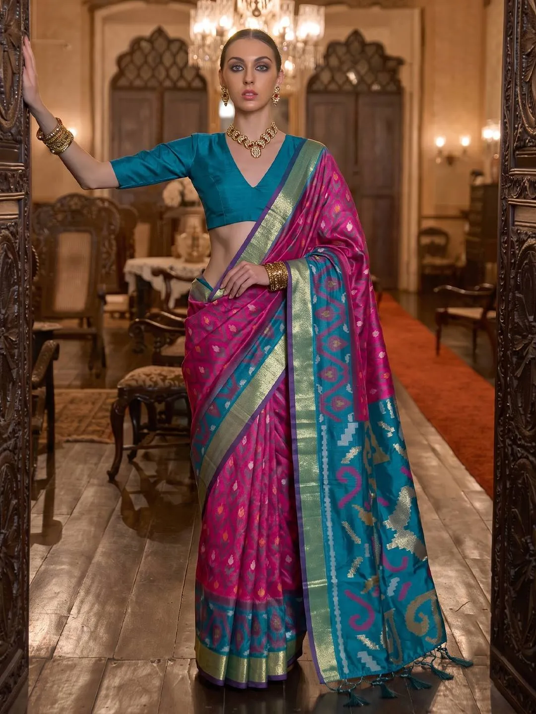 Adishree Soft Silk Saree with Zari Border & Contrast Pallu | Rani Pink & Teal Blue Designer Saree for Weddings