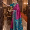 Adishree Soft Silk Saree with Zari Border & Contrast Pallu | Rani Pink & Teal Blue Designer Saree for Weddings