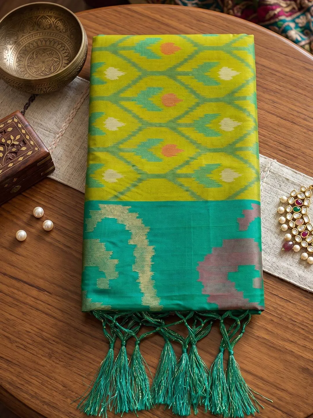 Lime Green and Emerald Silk Blend Patola Print Saree with Zari Border