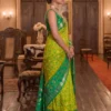 Lime Green and Emerald Silk Blend Patola Print Saree with Zari Border