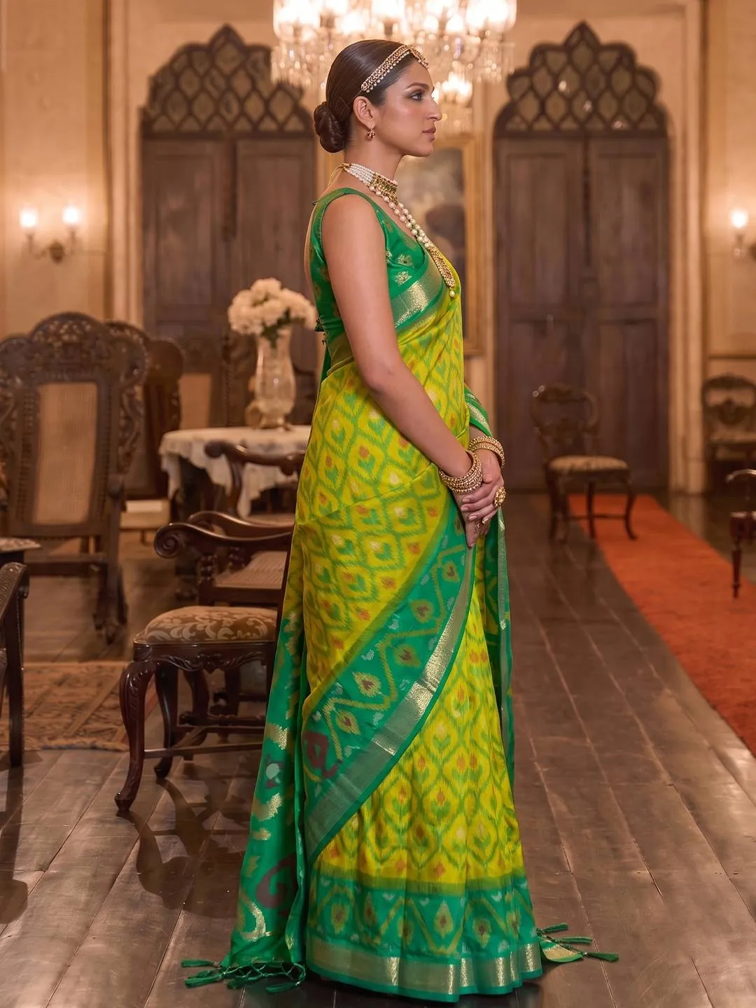 Lime Green and Emerald Silk Blend Patola Print Saree with Zari Border