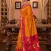 Astita Adishree Mustard Yellow Woven Soft Silk Saree with Red Heavy Pallu