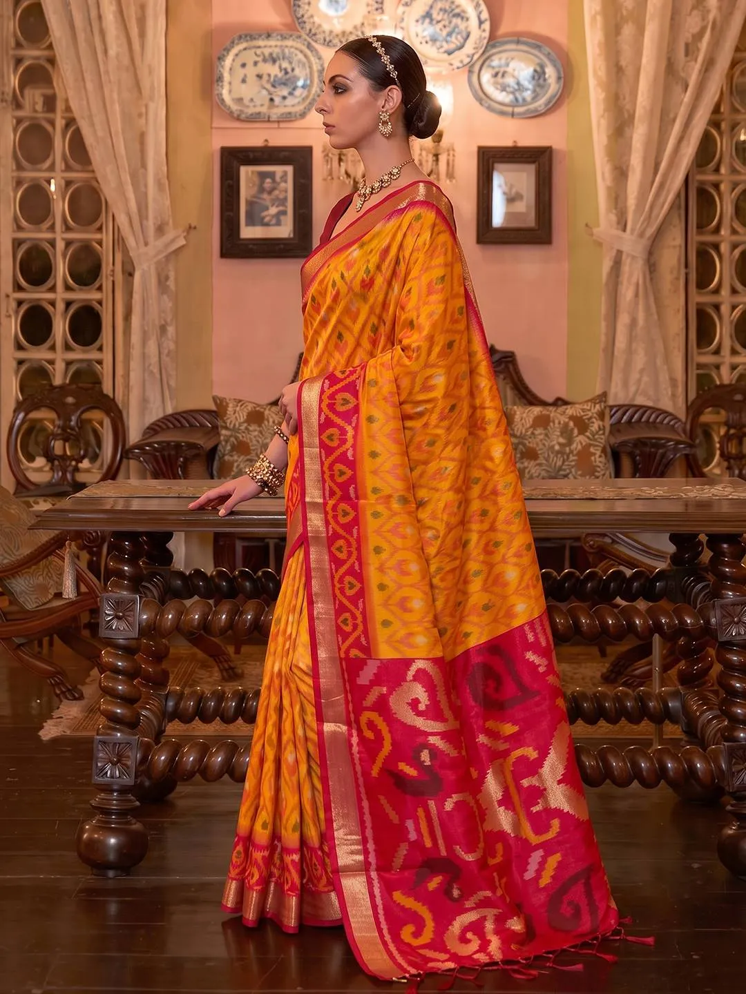 Astita Adishree Mustard Yellow Woven Soft Silk Saree with Red Heavy Pallu