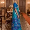 Blue Silk Blend Ikat Saree with Zari Border and Blouse Piece for Women