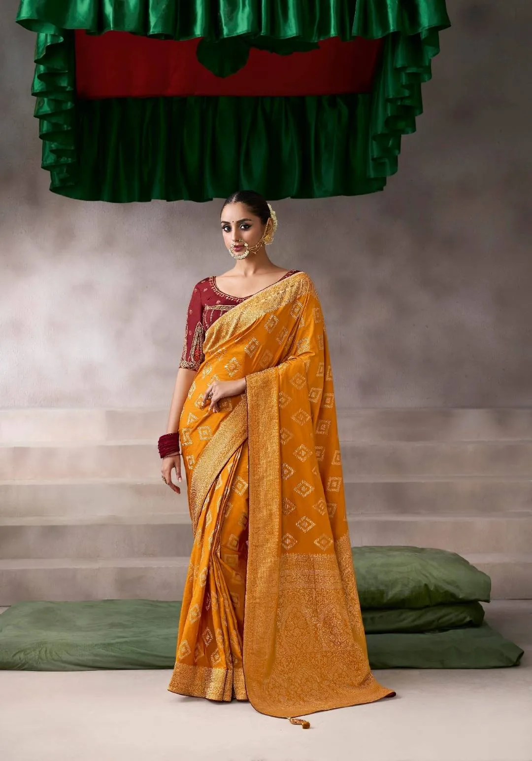 Kira Kamala Silk Premium Party Wear Designer Saree For Woman | Desi Ebullience Mustard Banarasi Satin Silk Saree With Murmurous Blouse