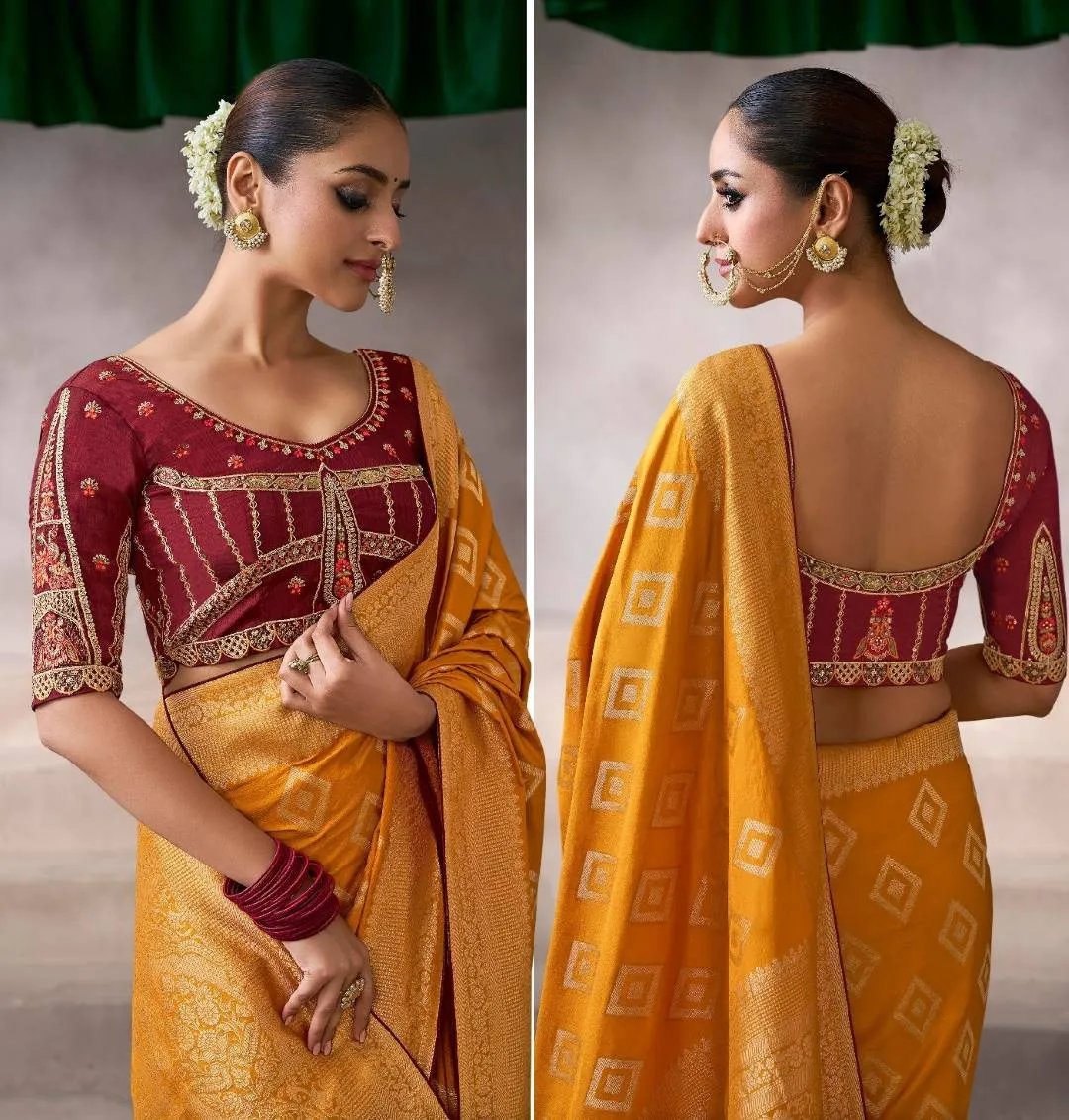 Kira Kamala Silk Premium Party Wear Designer Saree For Woman | Desi Ebullience Mustard Banarasi Satin Silk Saree With Murmurous Blouse