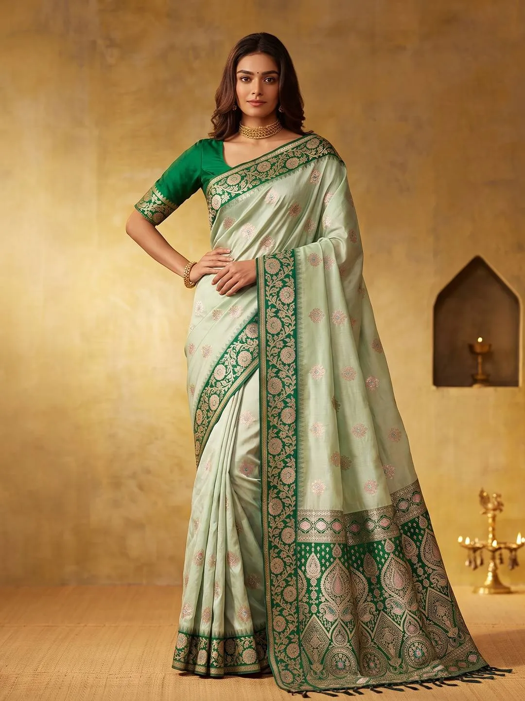 Print and Woven Work Silk Blend Trendy Saree In Green Colour
