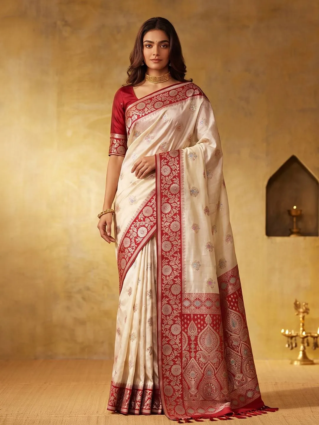 Woman's Silk Majesty with Rich Zari Work Saree | Ivory