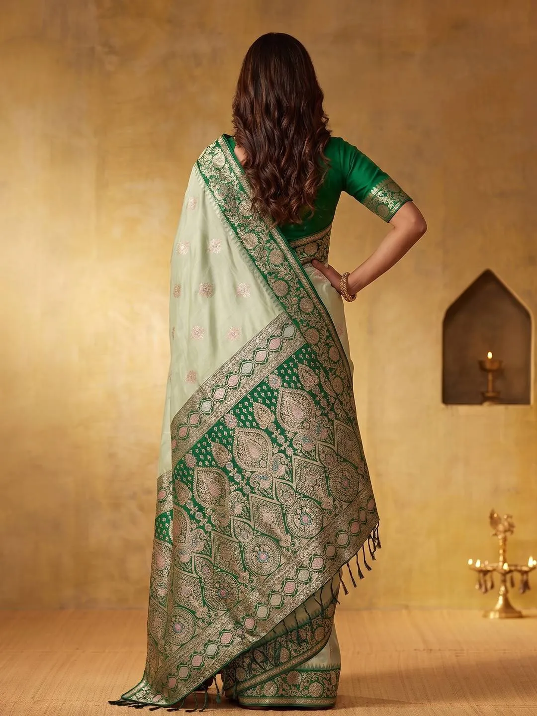 Print and Woven Work Silk Blend Trendy Saree In Green Colour