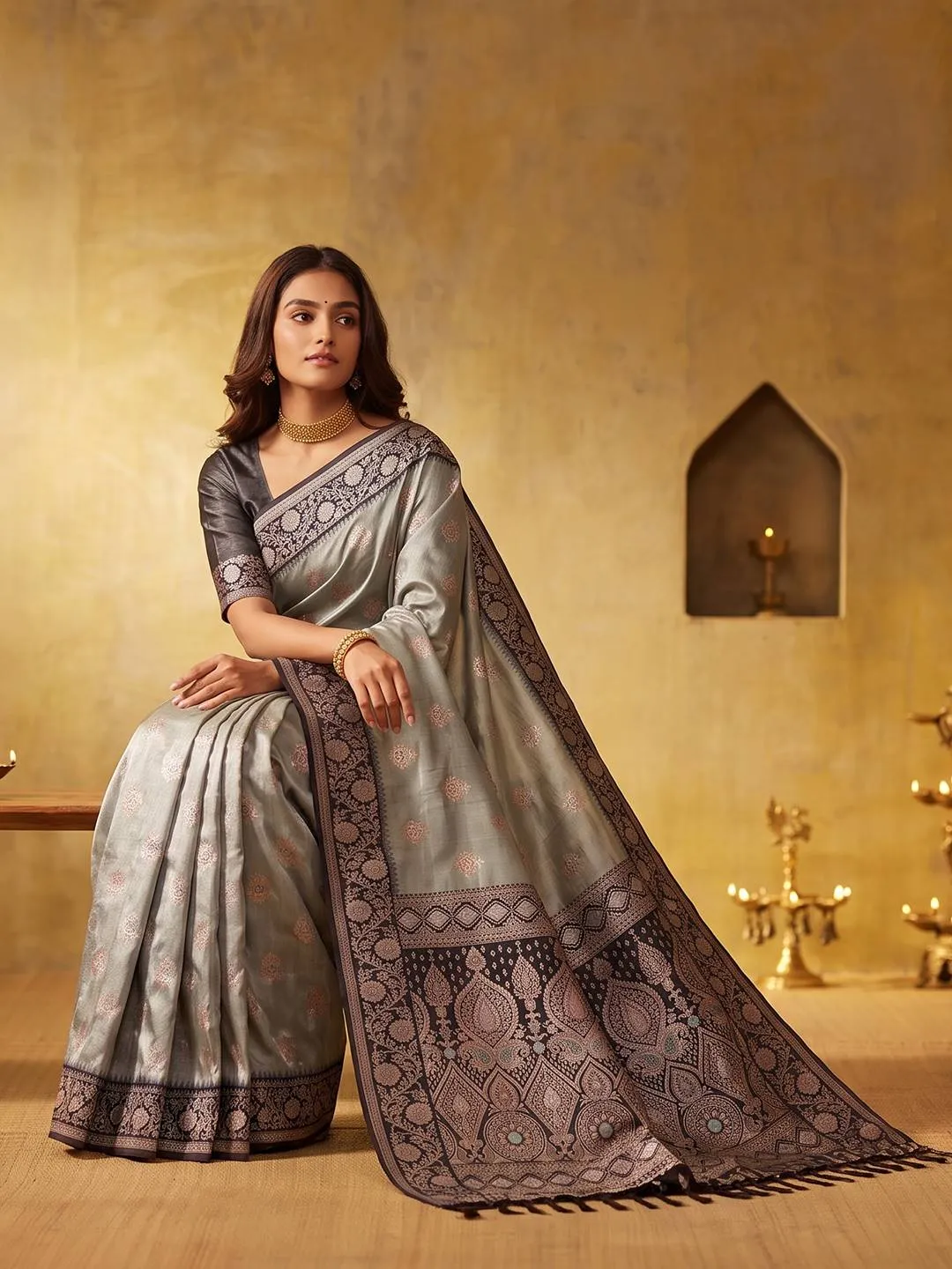 Geetanjali Silk Blend Festive Broad Border Sarees For Woman