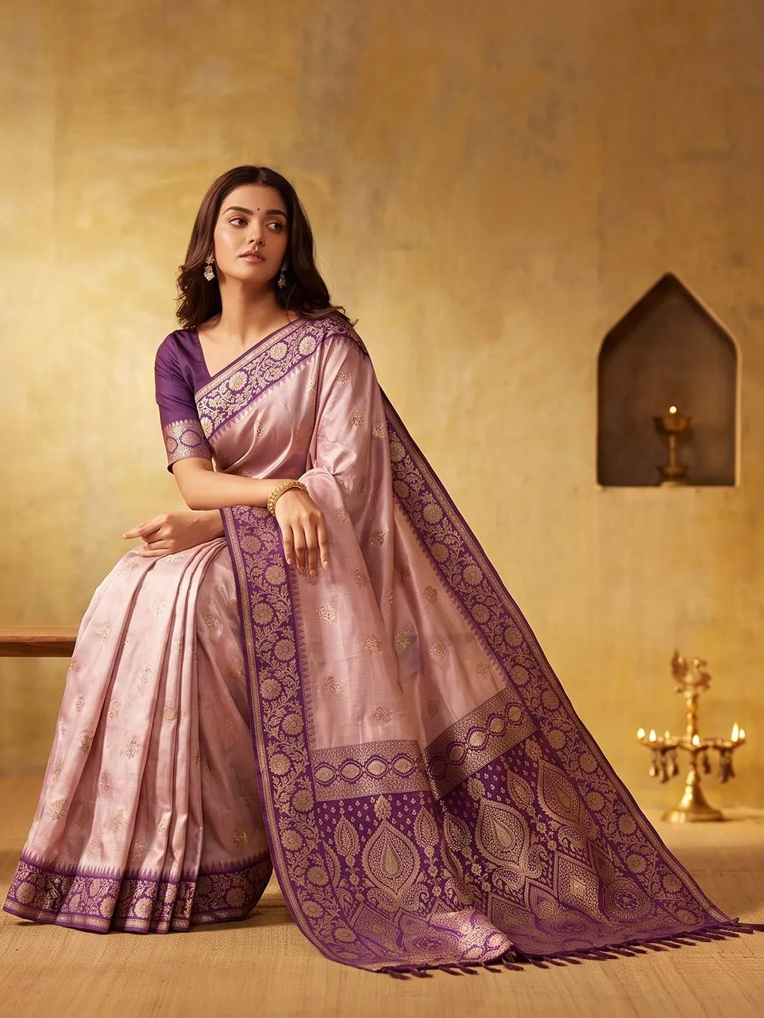 Woman's Wine Silk Saree With Blouse Piece