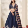 Premium Navy Blue Silk Lehenga Choli with Intricate Zari Embroidery & Striped Dupatta