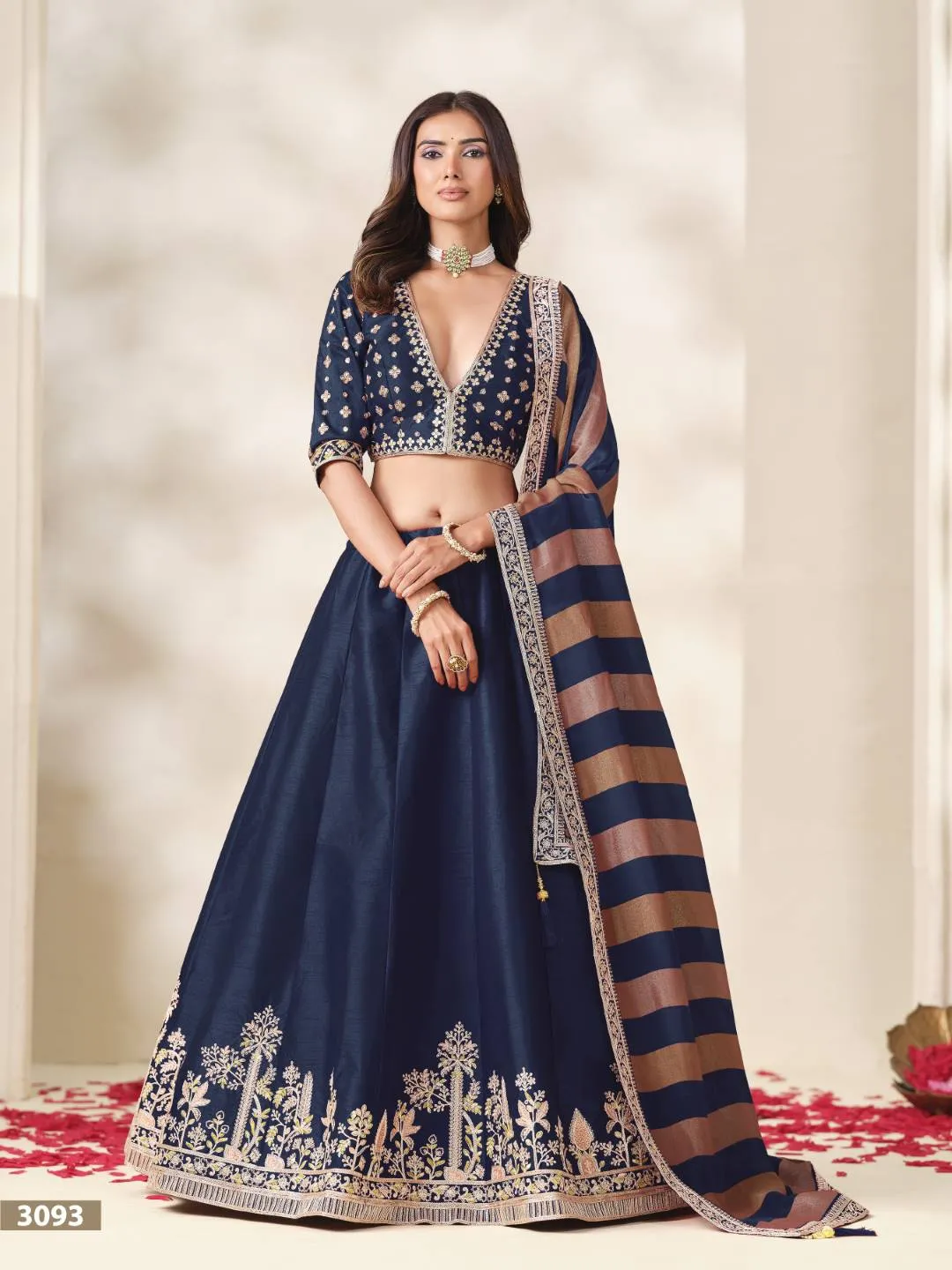 Premium Navy Blue Silk Lehenga Choli with Intricate Zari Embroidery & Striped Dupatta