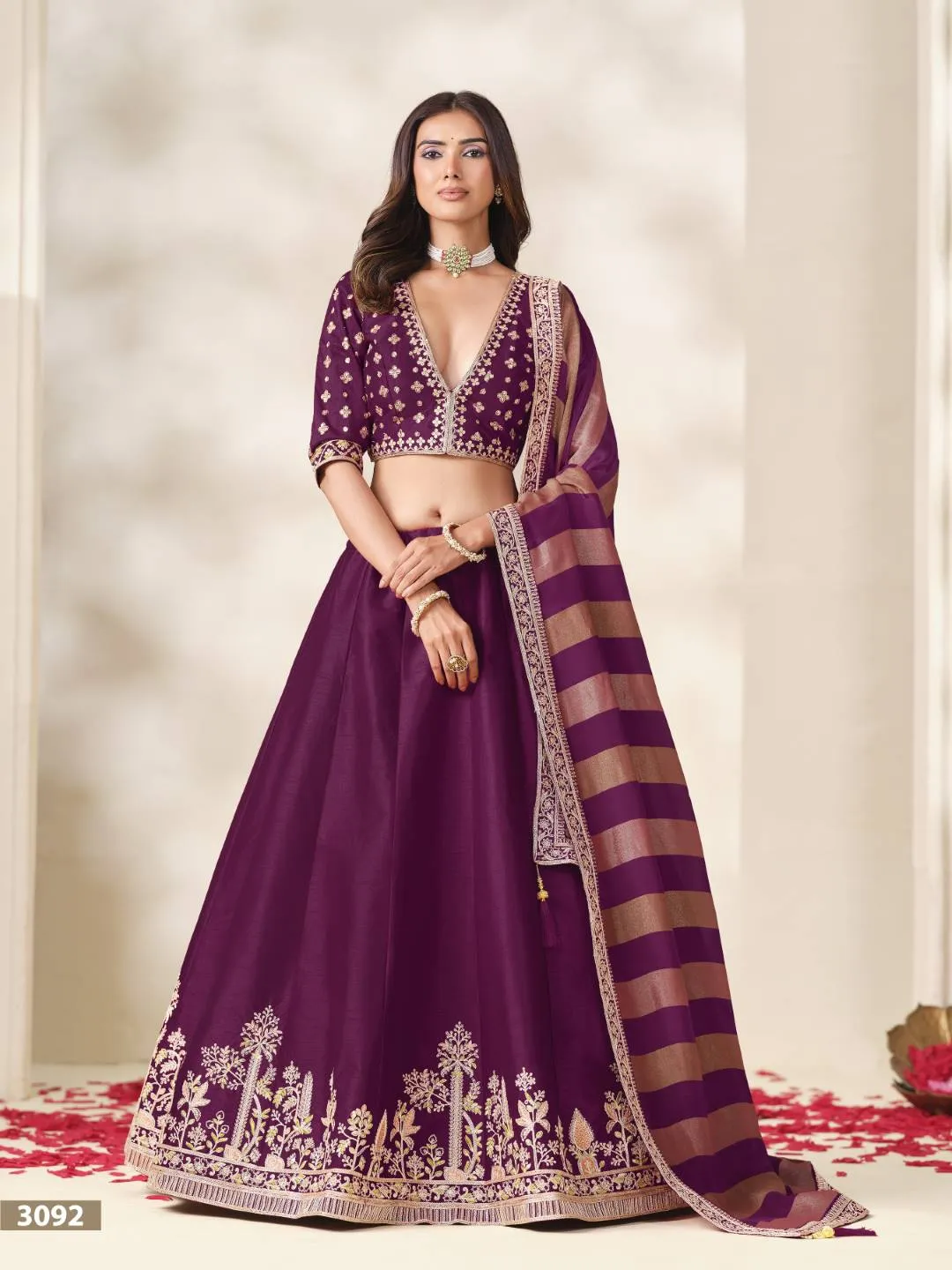 Premium Purple Art Silk Lehenga Choli with Festive Zari Border & Striped Dupatta