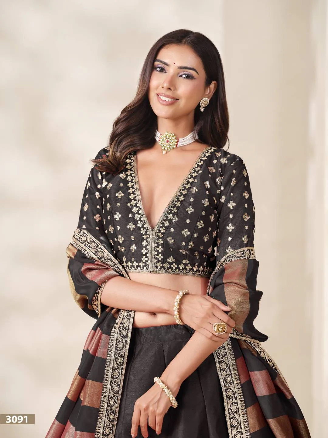 Premium Black Art Silk Lehenga Choli with Festive Zari Border & Striped Dupatta