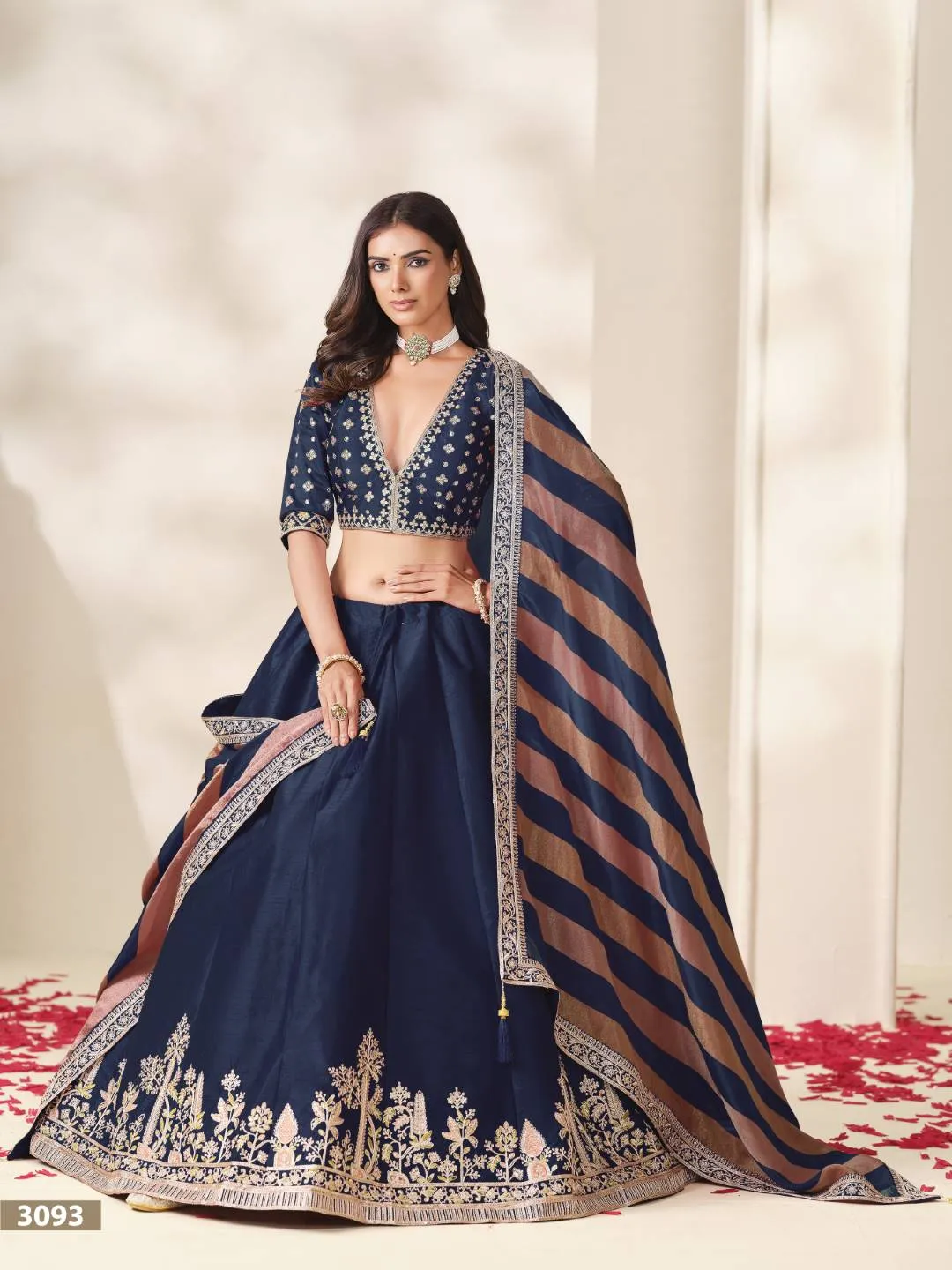 Premium Navy Blue Silk Lehenga Choli with Intricate Zari Embroidery & Striped Dupatta