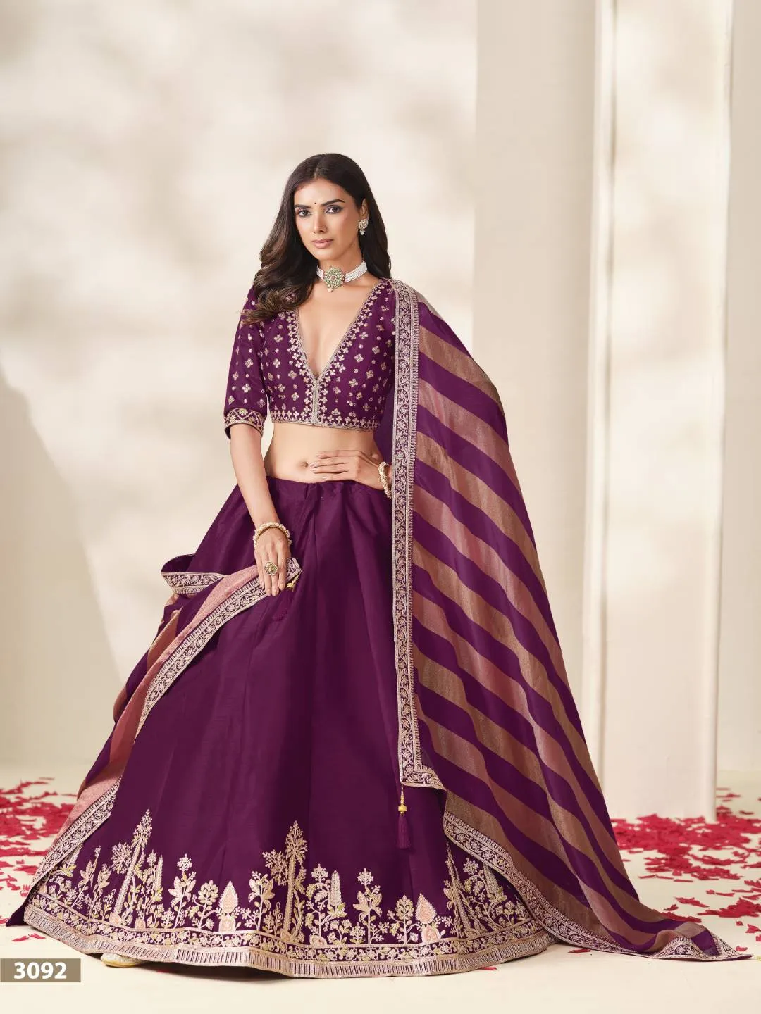 Premium Purple Art Silk Lehenga Choli with Festive Zari Border & Striped Dupatta