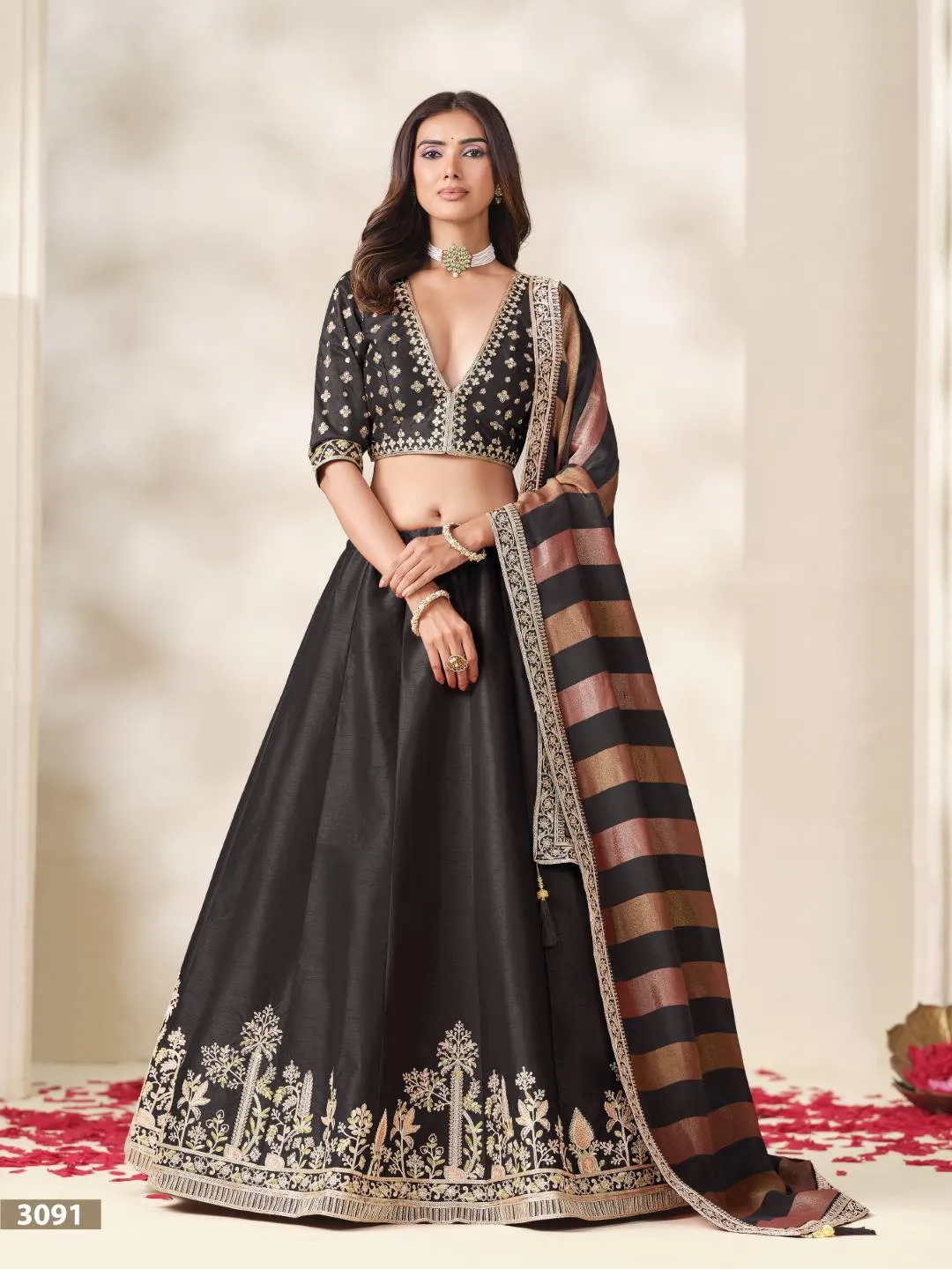 Premium Black Art Silk Lehenga Choli with Festive Zari Border & Striped Dupatta
