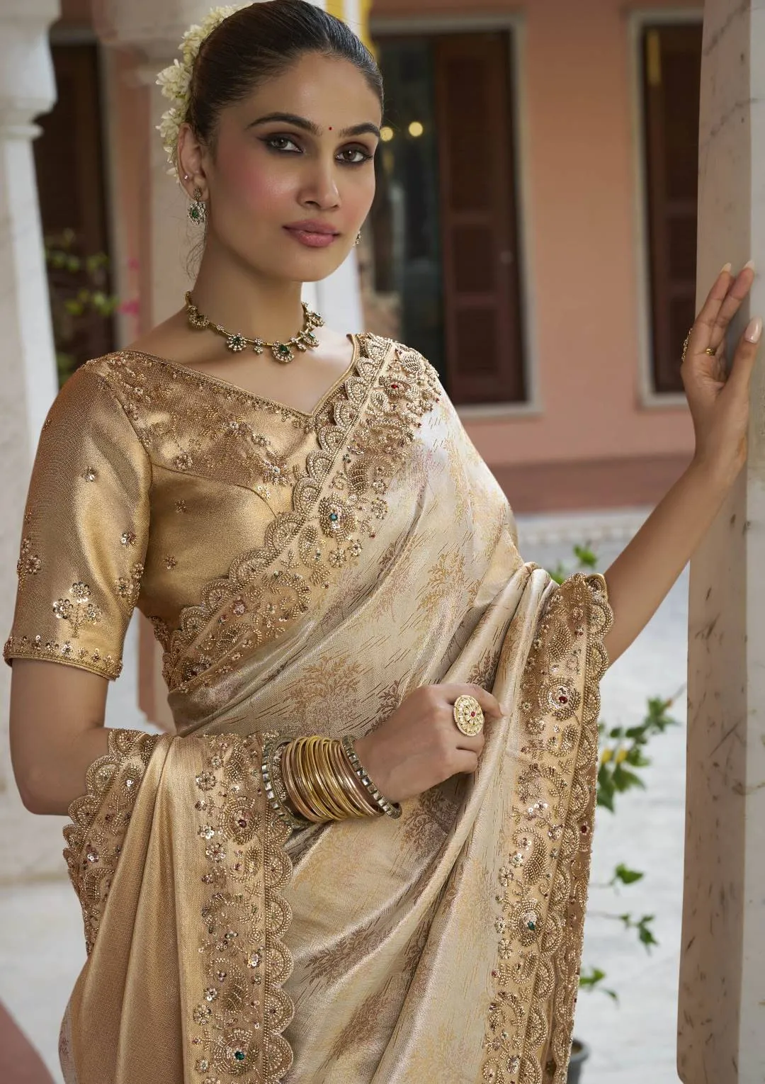 Woman's Golden Kanjivaram Soft Silk Wedding Wear Saree