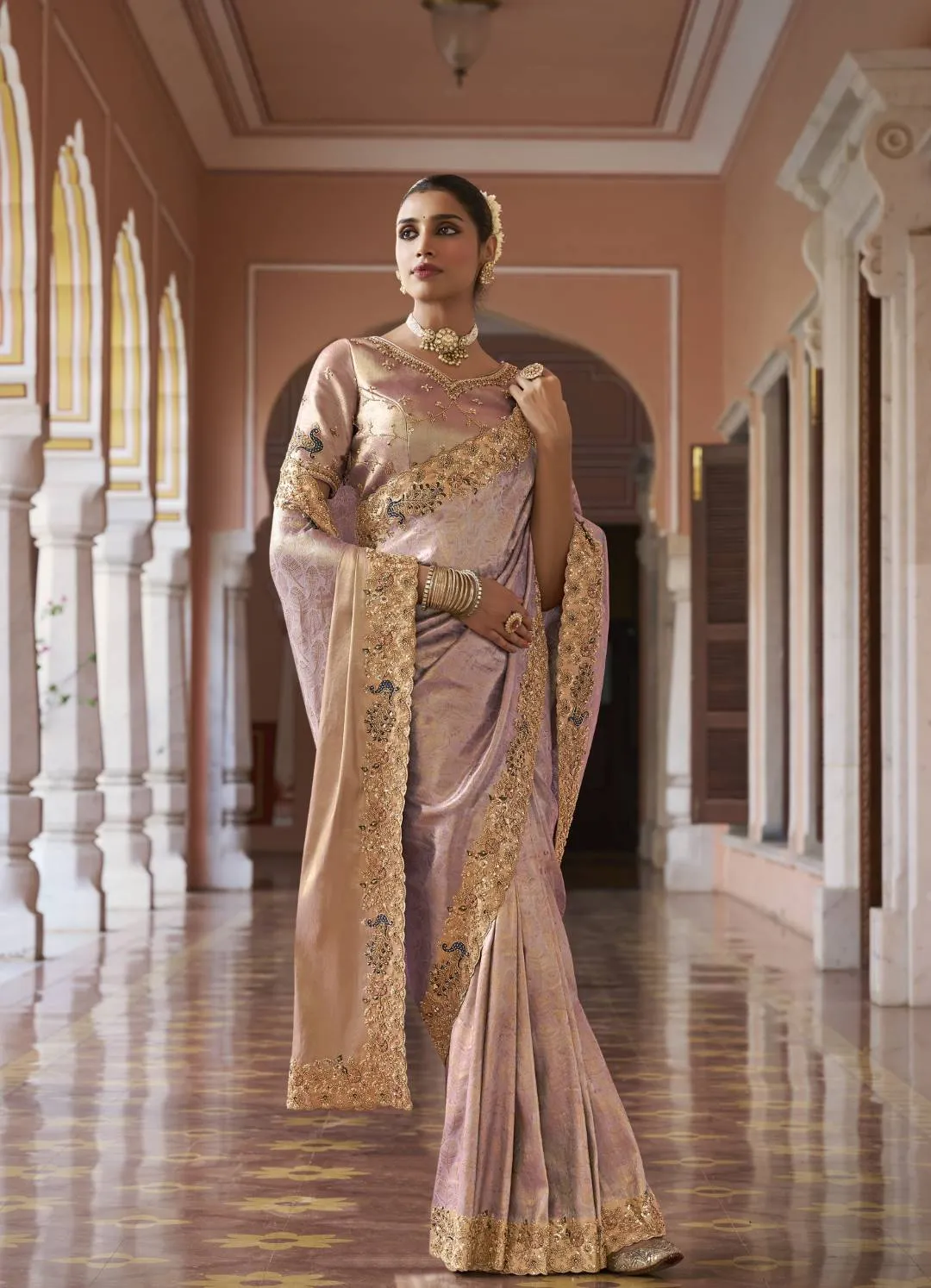 Woman’s Premium Lavender Kanjivaram Soft Silk Saree with Elegant Beads Work