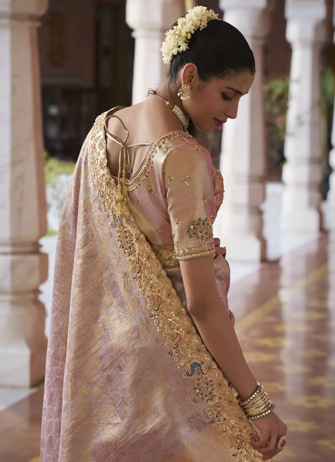 Woman’s Premium Lavender Kanjivaram Soft Silk Saree with Elegant Beads Work