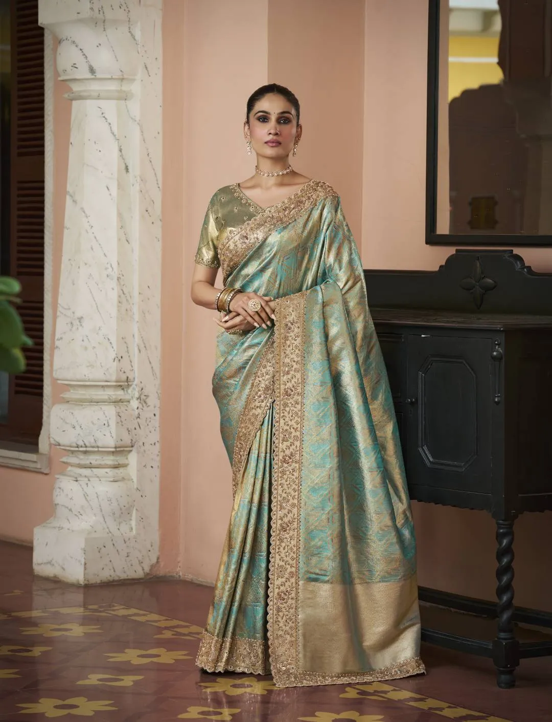 Woman's Premium Green Kanjivaram Soft Silk Saree with Elegant Beads Work