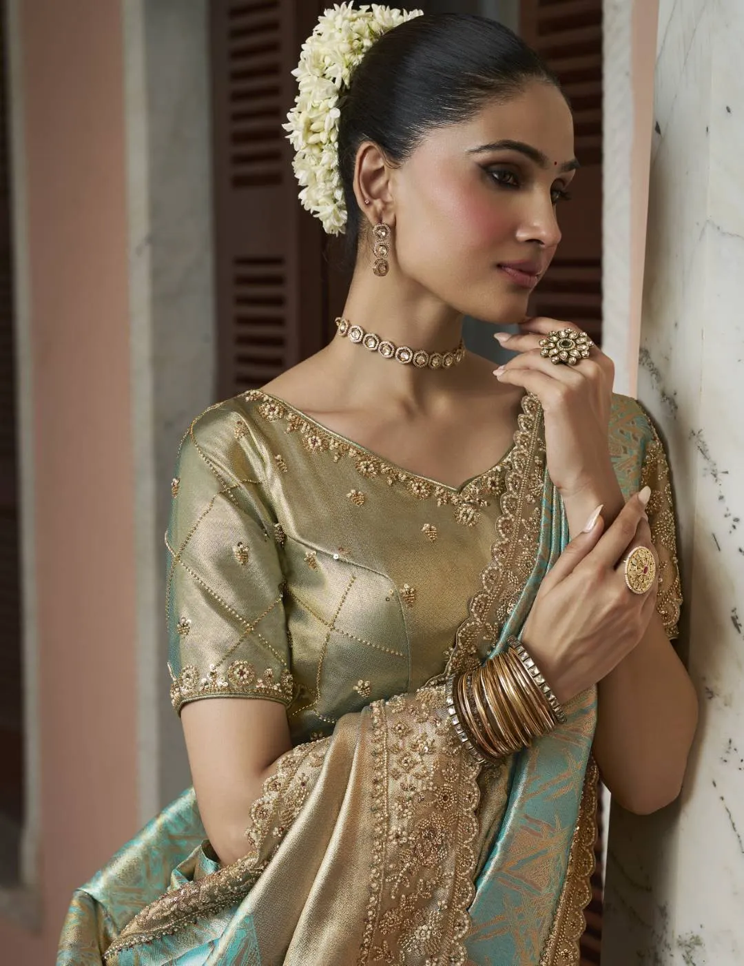 Woman's Premium Green Kanjivaram Soft Silk Saree with Elegant Beads Work