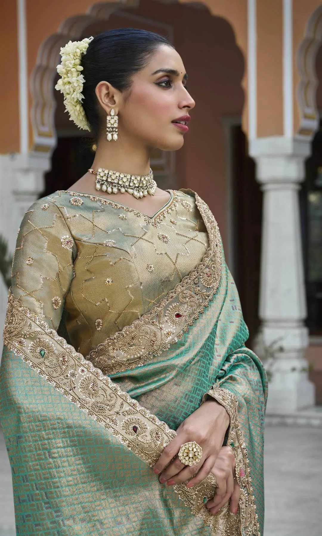 Woman’s Premium Green Kanjivaram Soft Silk Saree with Elegant Beads Work