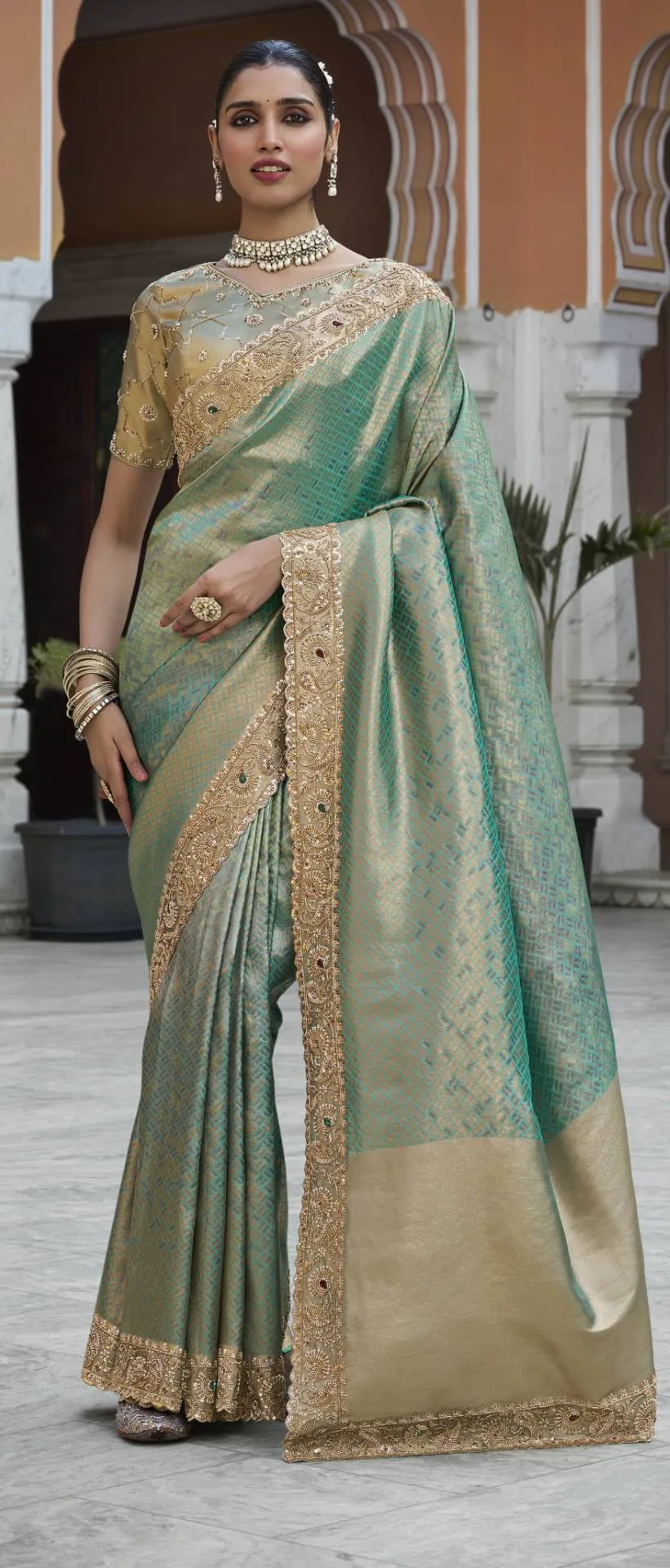 Woman’s Premium Green Kanjivaram Soft Silk Saree with Elegant Beads Work