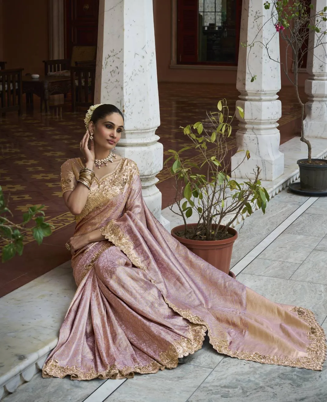 Woman’s Premium Ornate Pink Kanjivaram Soft Silk Saree with Elegant Beads Work