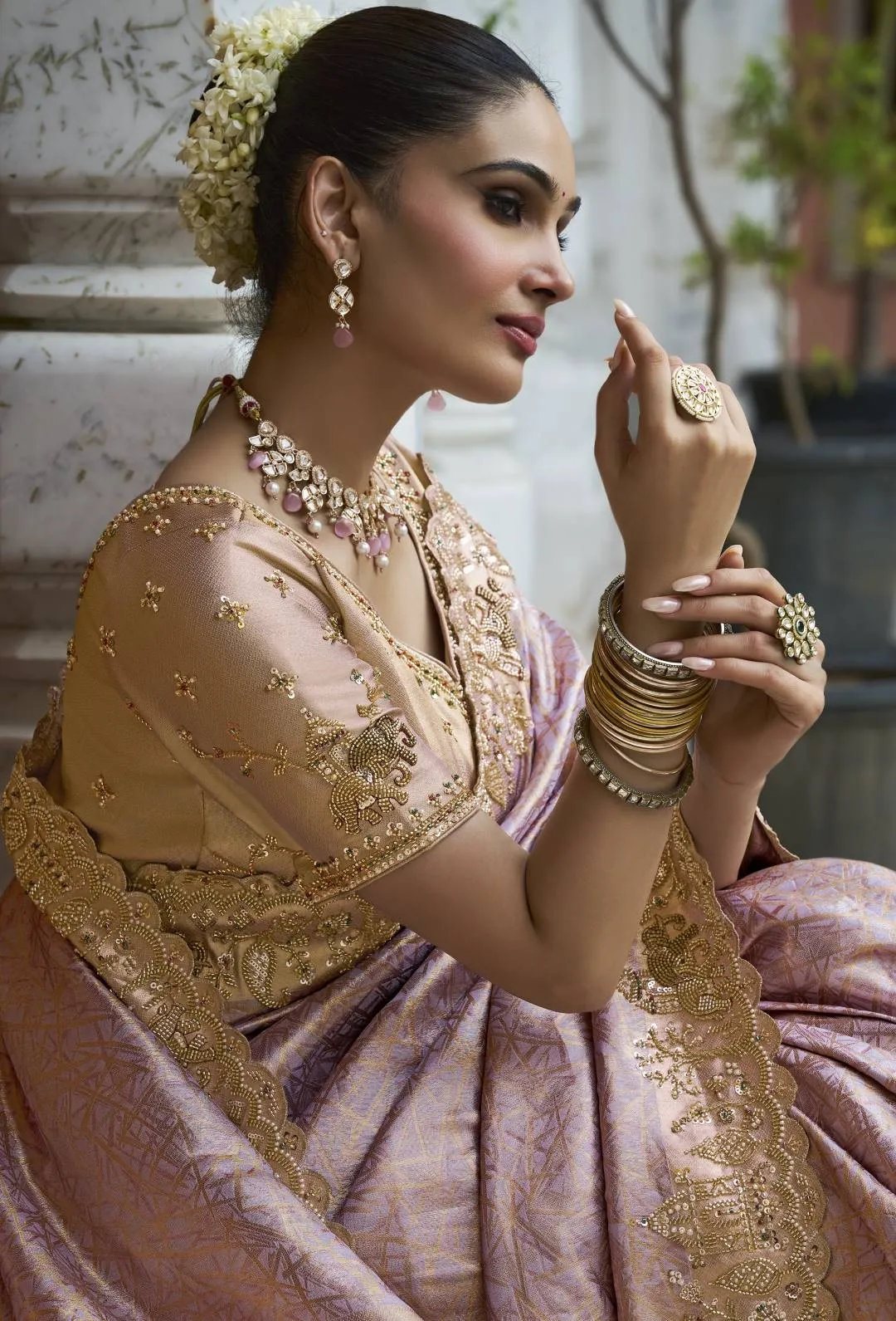 Woman’s Premium Ornate Pink Kanjivaram Soft Silk Saree with Elegant Beads Work
