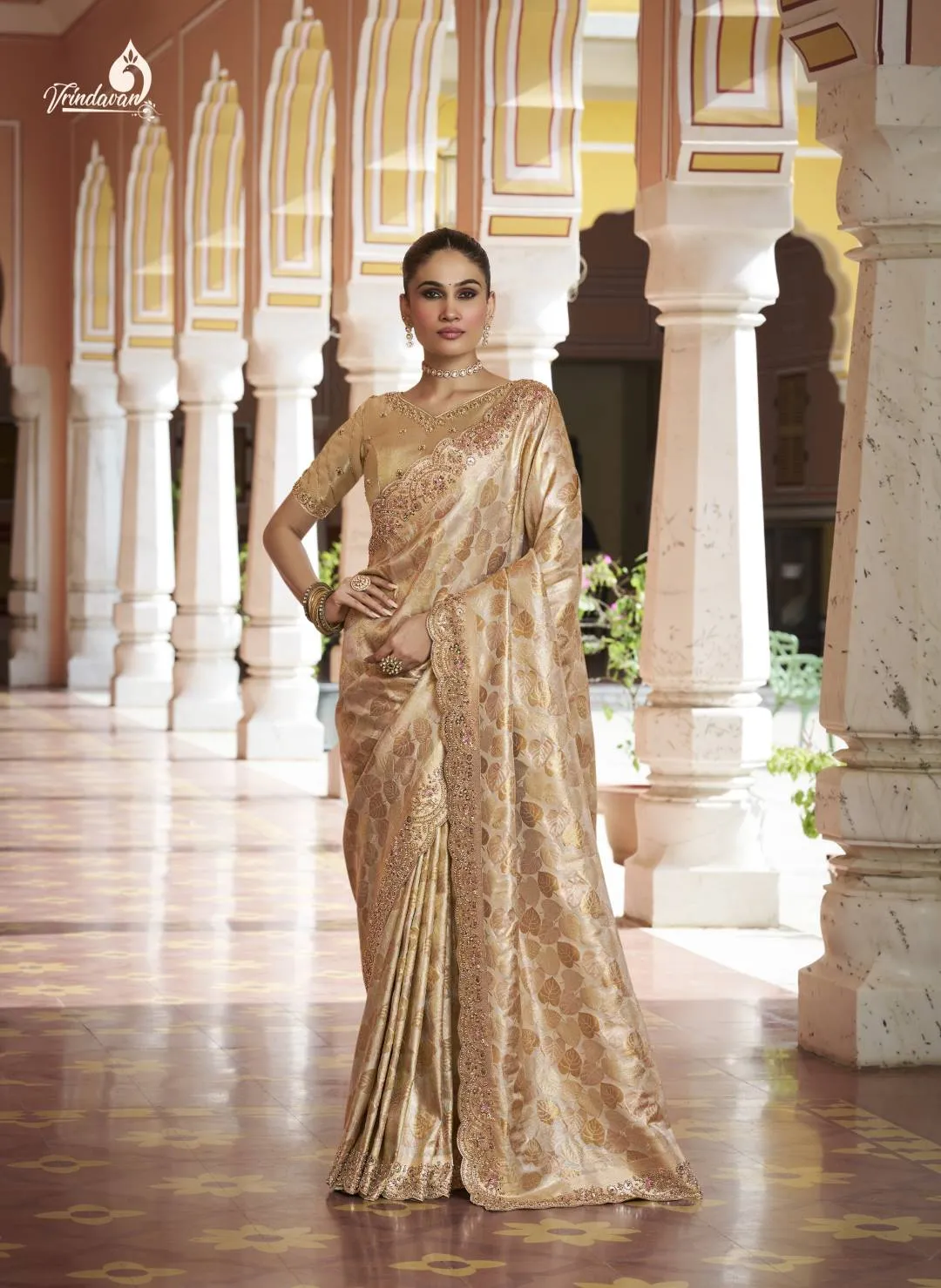 Woman's Premium Golden Kanjivaram Soft Silk Saree with Elegant Beads Work