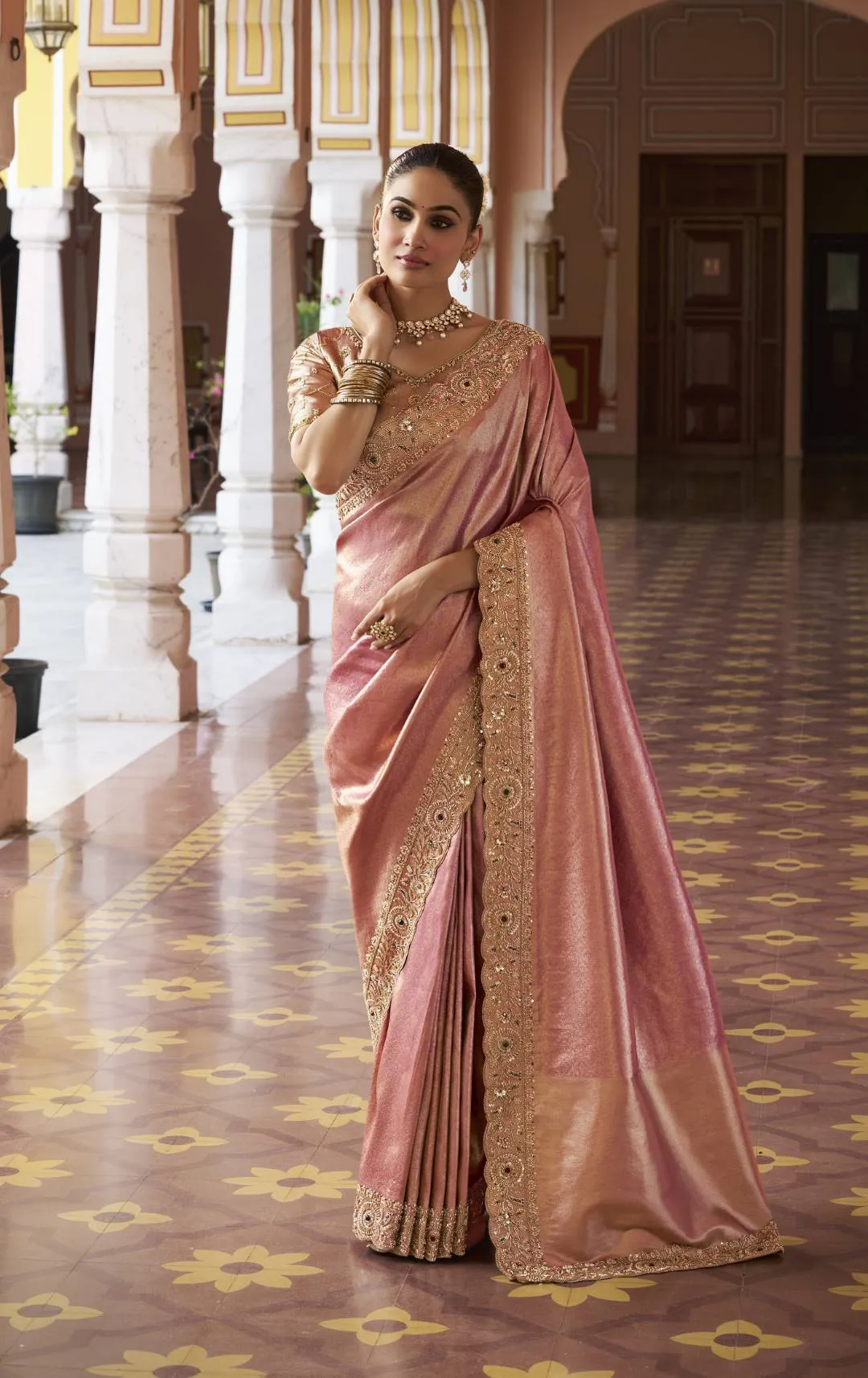 Woman's Pink Kanjivaram Silk Trendy Saree with Beads, Embroidered and Sequins Work for Ceremonial