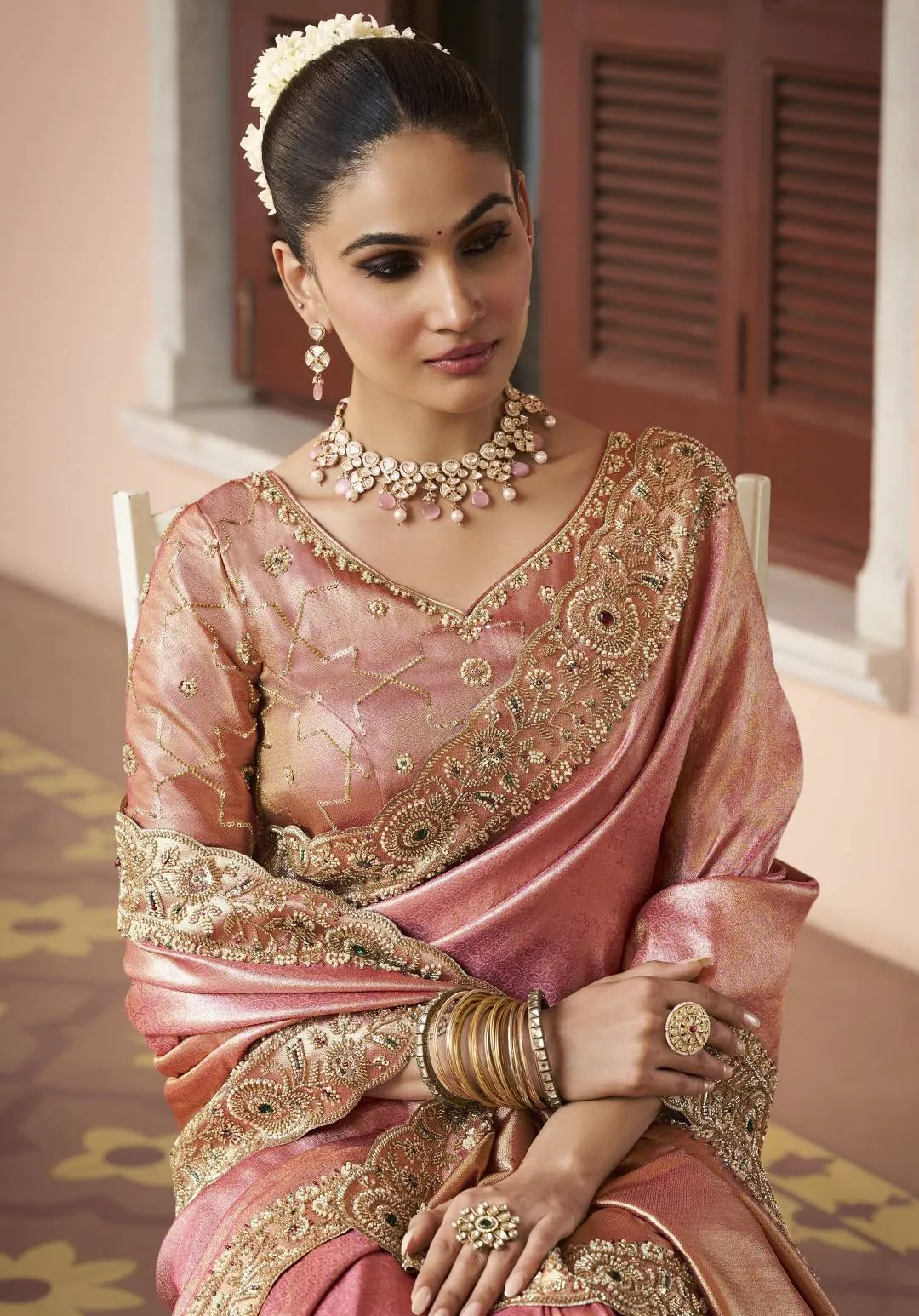 Woman's Pink Kanjivaram Silk Trendy Saree with Beads, Embroidered and Sequins Work for Ceremonial