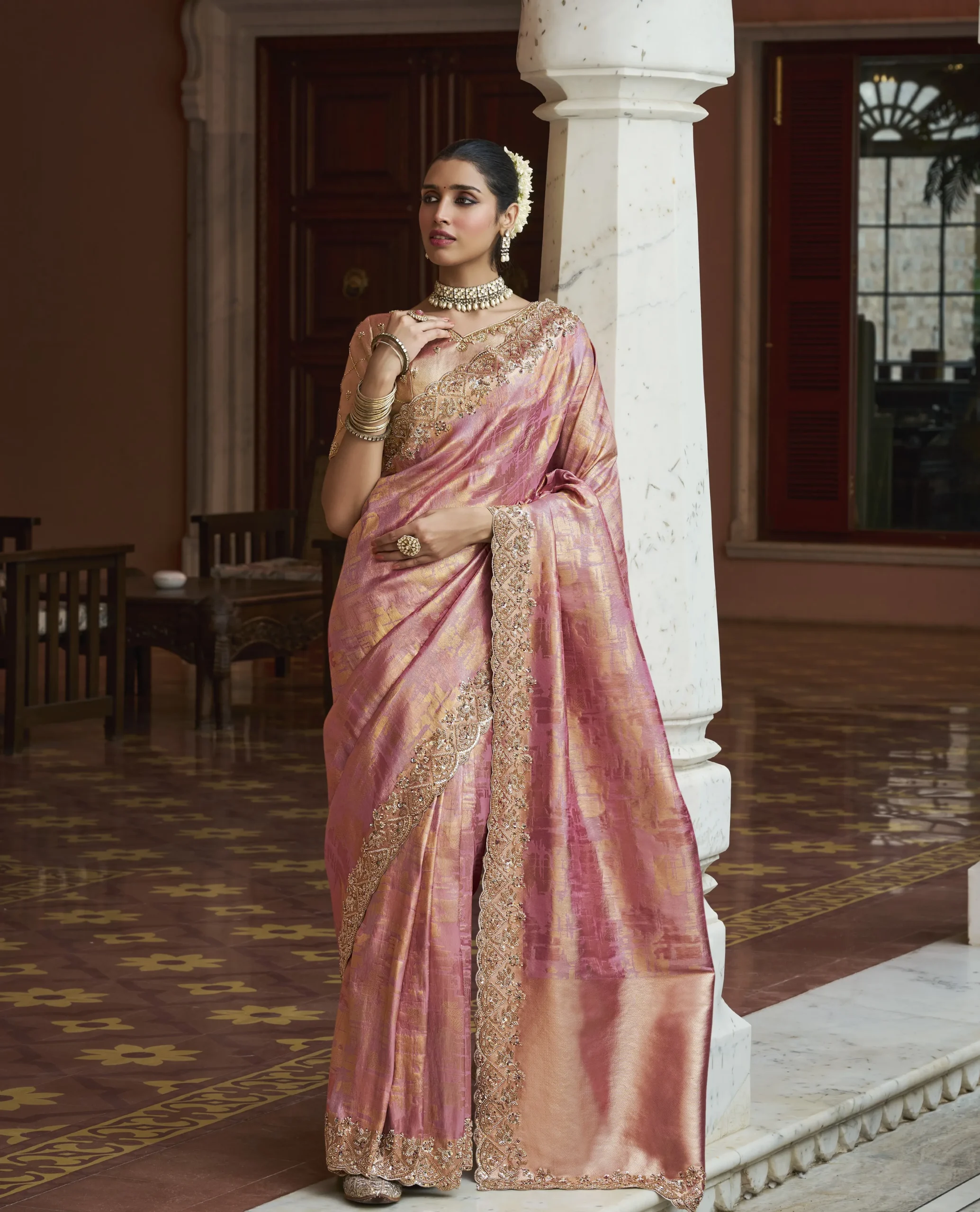 Woman’s Premium Pink Kanjivaram Soft Silk Saree with Elegant Beads Work