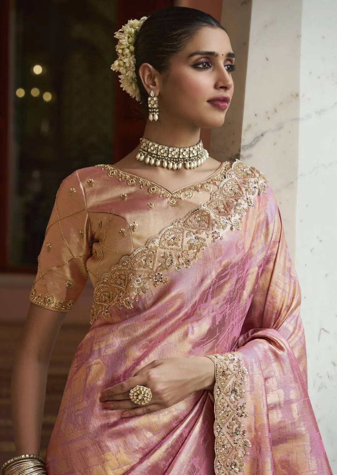 Woman’s Premium Pink Kanjivaram Soft Silk Saree with Elegant Beads Work