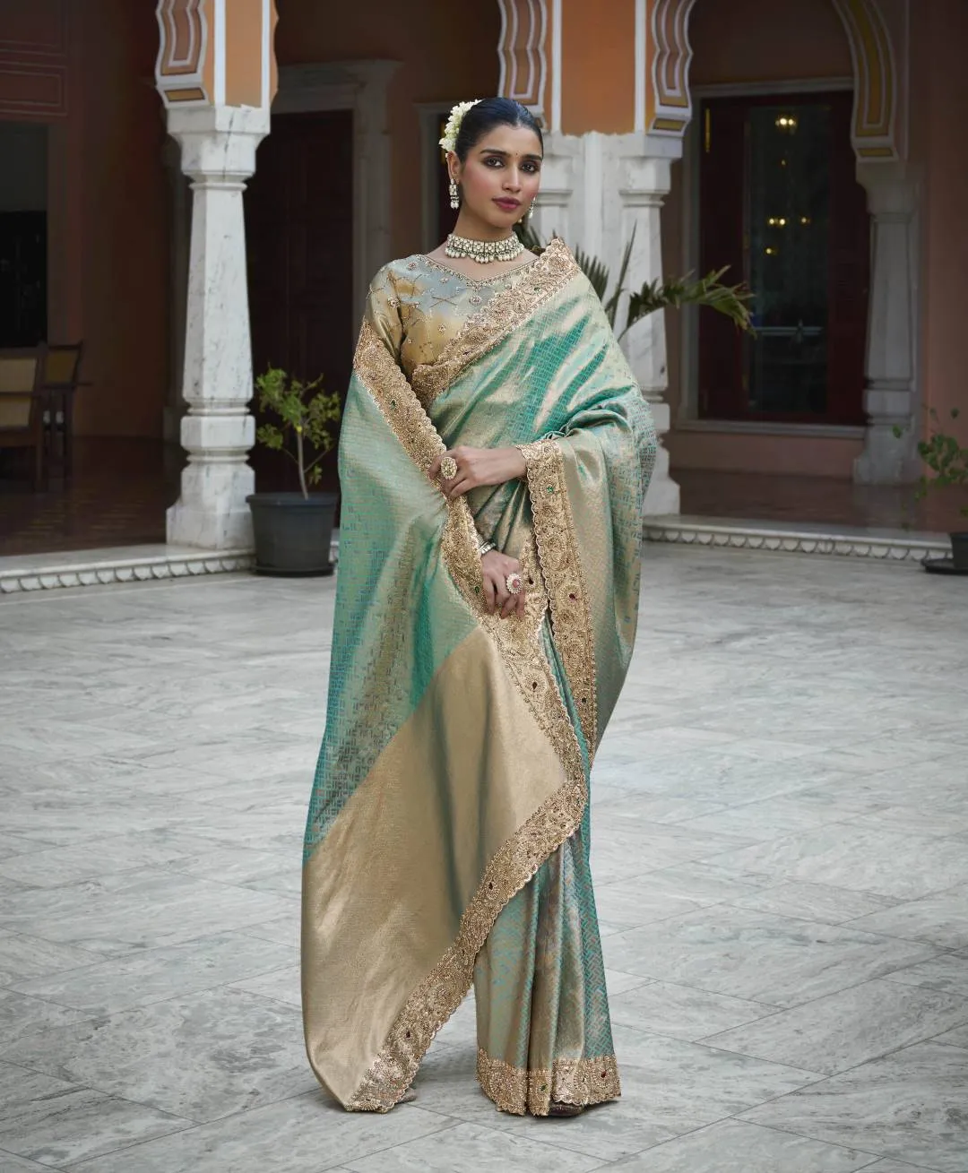 Woman’s Premium Green Kanjivaram Soft Silk Saree with Elegant Beads Work