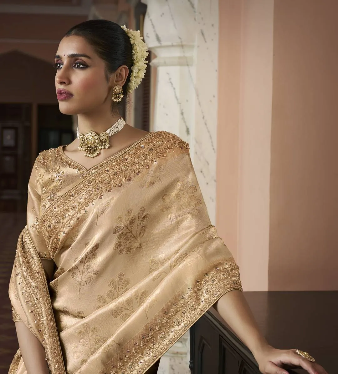 Woman’s Premium Golden Kanjivaram Soft Silk Saree with Elegant Beads Work
