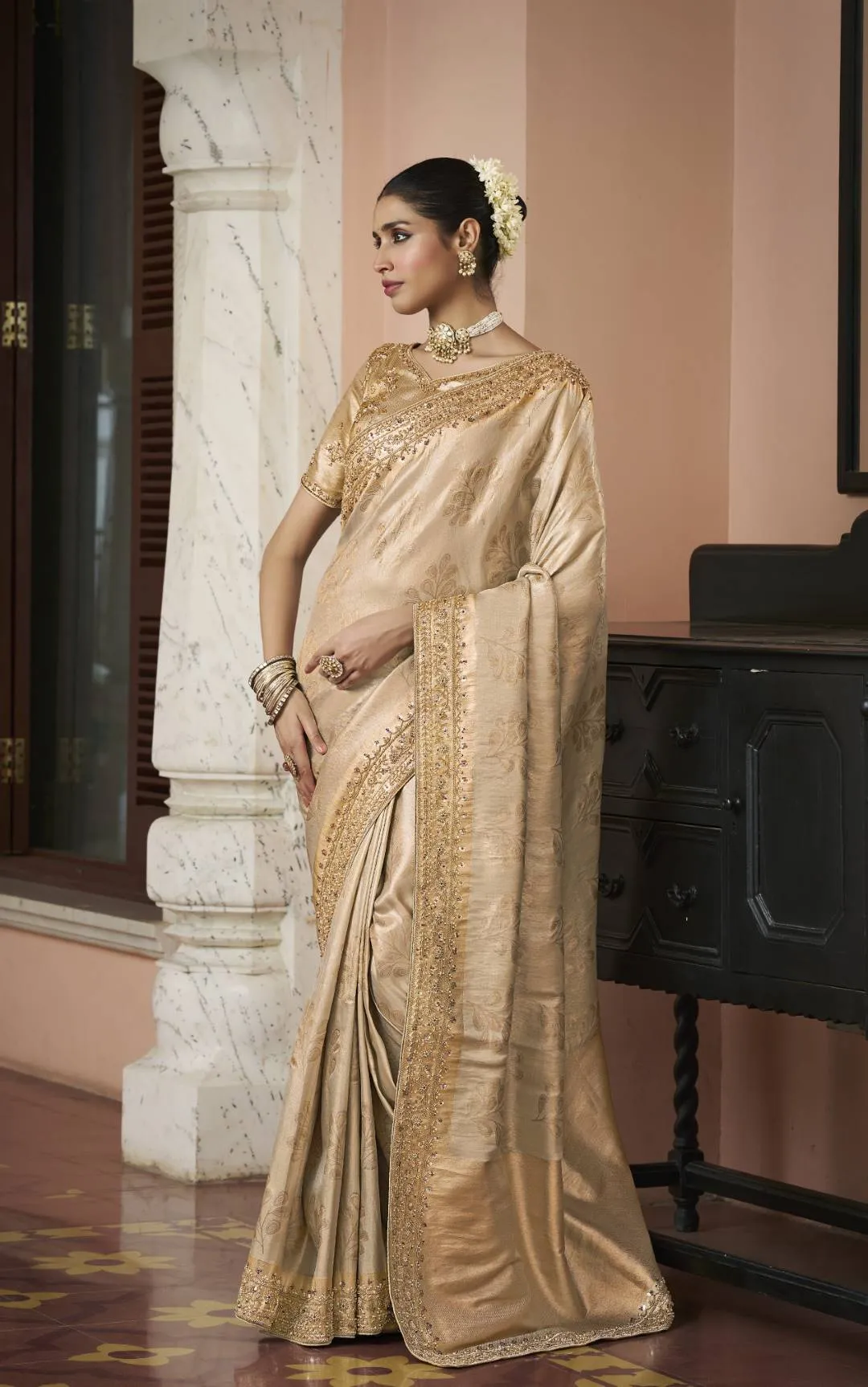 Woman’s Premium Golden Kanjivaram Soft Silk Saree with Elegant Beads Work